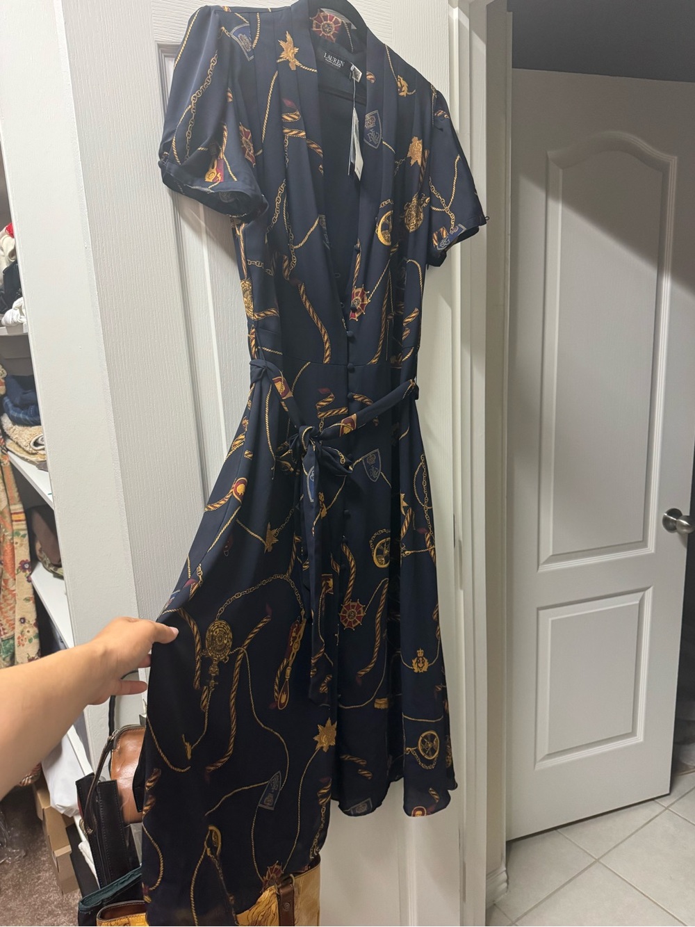Lauren Ralph Lauren Navy Chain-Print Midi Wrap Dress